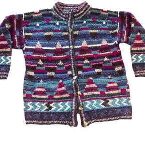 Handmade Vintage 1990s Wool Cardigan 100% Wool Southwestern Geometric sz Med